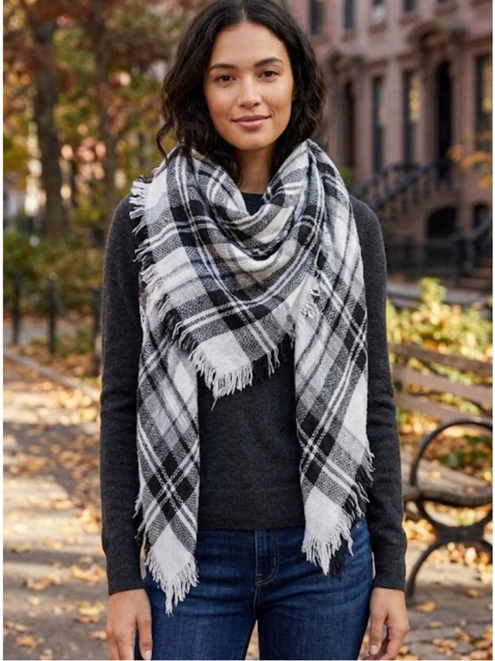 Oversized Black & White Plaid Blanket Scarf with Fringe
